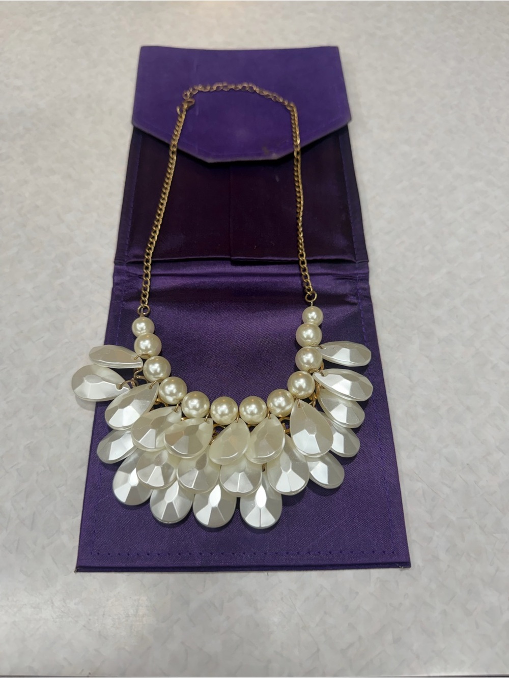 Cream Pearl Teardrop Statement Necklace with Gold Chain 20”